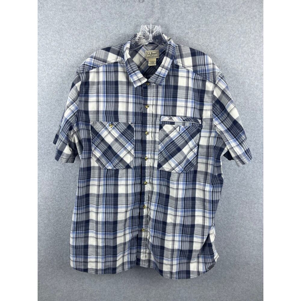 LL Bean Shirt Men's‎ XL Blue Plaid Short Sleeve Button Up Cowboy Work Wear